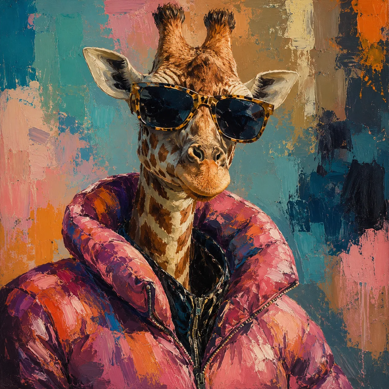 #ChatGPT

Giraffe painting with sunglasses and puffy jacket, mattress painting, Makoto oil painting,