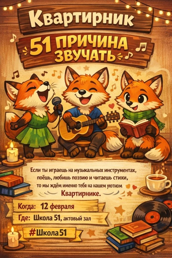 51 ПРИЧИНА ЗВУЧАТЬ: приглашаем наших учеников!  12 февраля в нашей школе состоится Квартирник «51 ПР