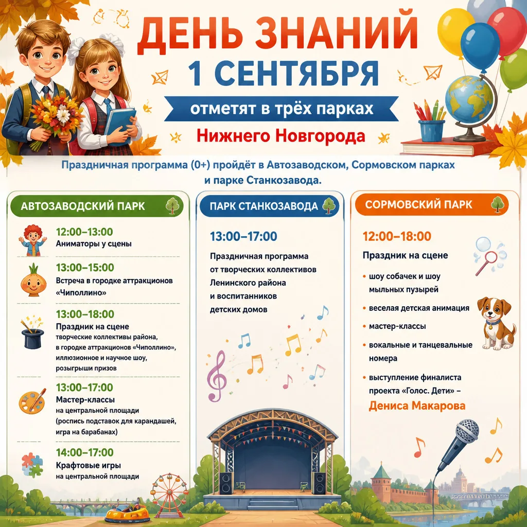 🏫 День знаний 1 сентября отметят в трёх парках Нижнего Новгорода