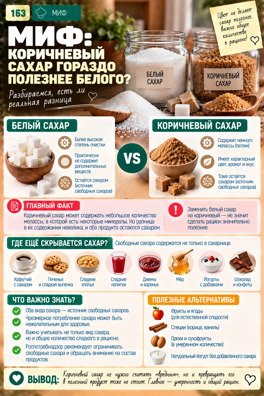 ❌ МИФ: «КОРИЧНЕВЫЙ САХАР ГОРАЗДО ПОЛЕЗНЕЕ БЕЛОГО»