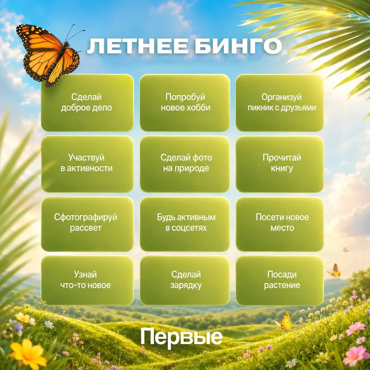 ☀️ Лето с Первыми — ярко, полезно и весело!

Запускаем наше Летнее бинго! Это 12 простых, но классны
