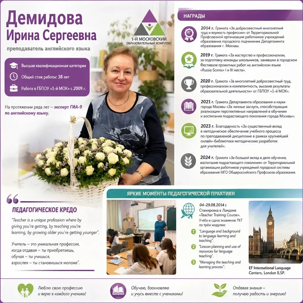 Педагогами славится 1-й МОК

Героиня выпуска — Демидова Ирина Сергеевна, учитель английского языка в