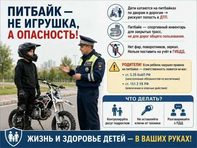 Питбайк не игрушка: Госавтоинспекция напоминает правила безопасности
Ключевые правила безопасности:
