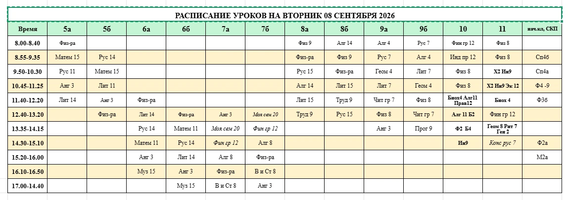 РАСПИСАНИЕ УРОКОВ НА ВТОРНИК 08 СЕНТЯБРЯ 2026