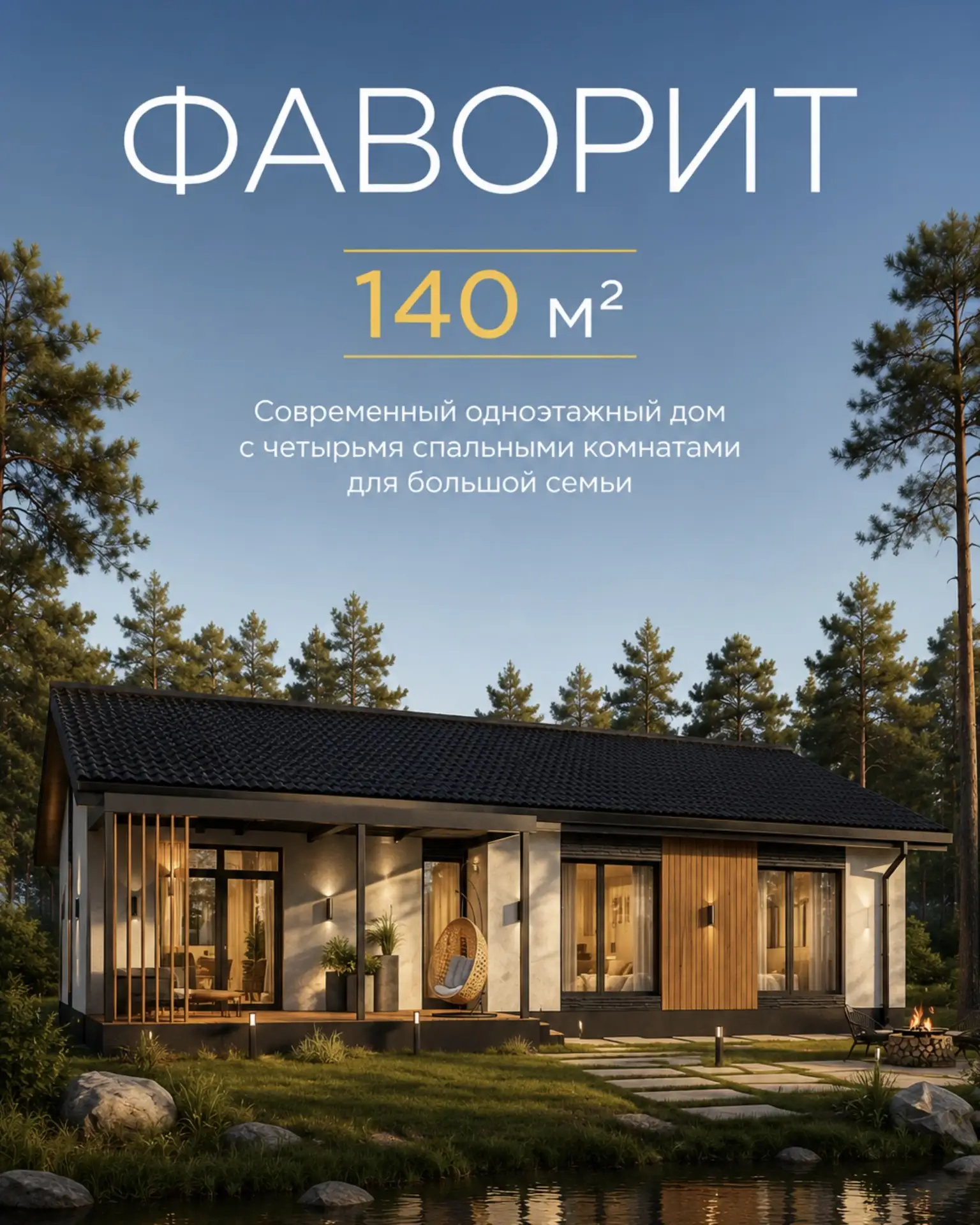 🏠 «ФАВОРИТ» — одноэтажный дом 140 м² для большой семьи

4 спальни, кухня-гостиная 36 м², мастер-спа