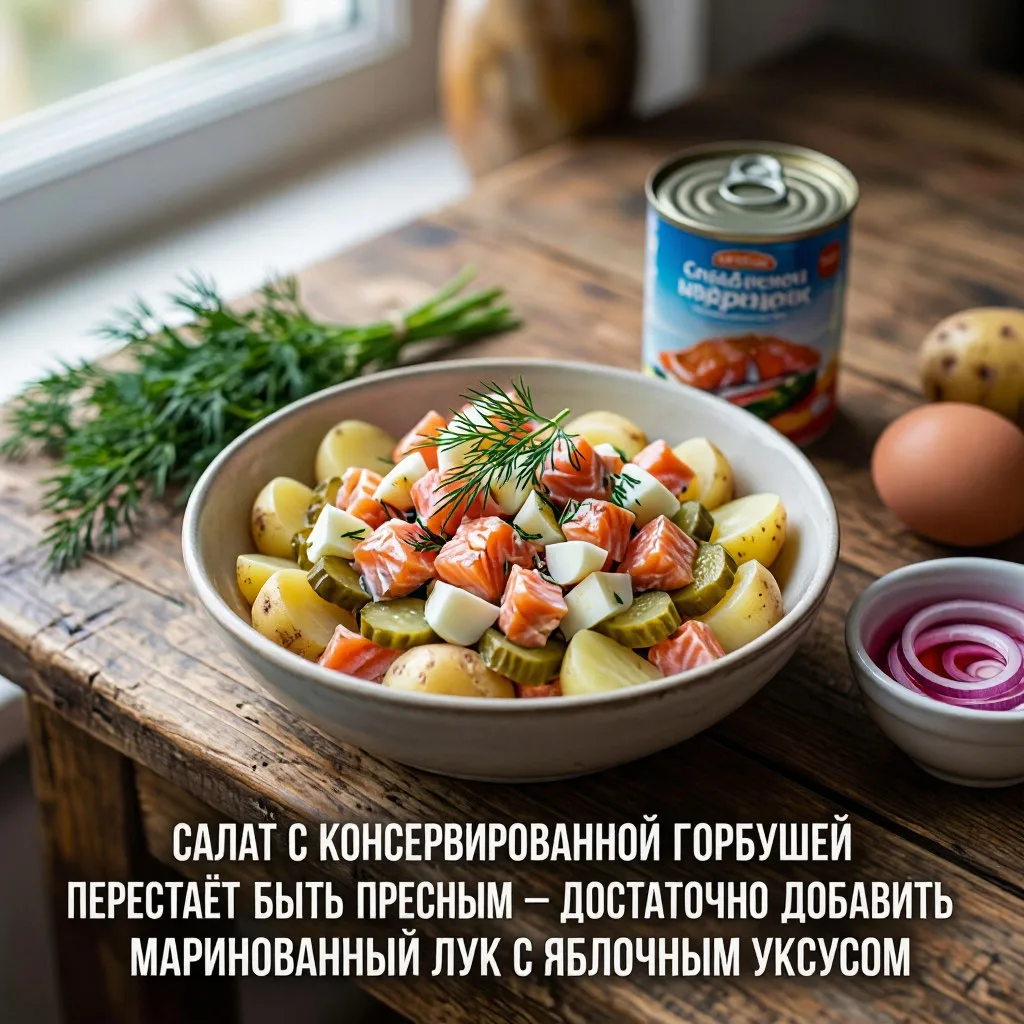 САЛАТ С КОНСЕРВИРОВАННОЙ ГОРБУШЕЙ ПЕРЕСТАЁТ БЫТЬ ПРЕСНЫМ — ДОСТАТОЧНО ДОБАВИТЬ МАРИНОВА...