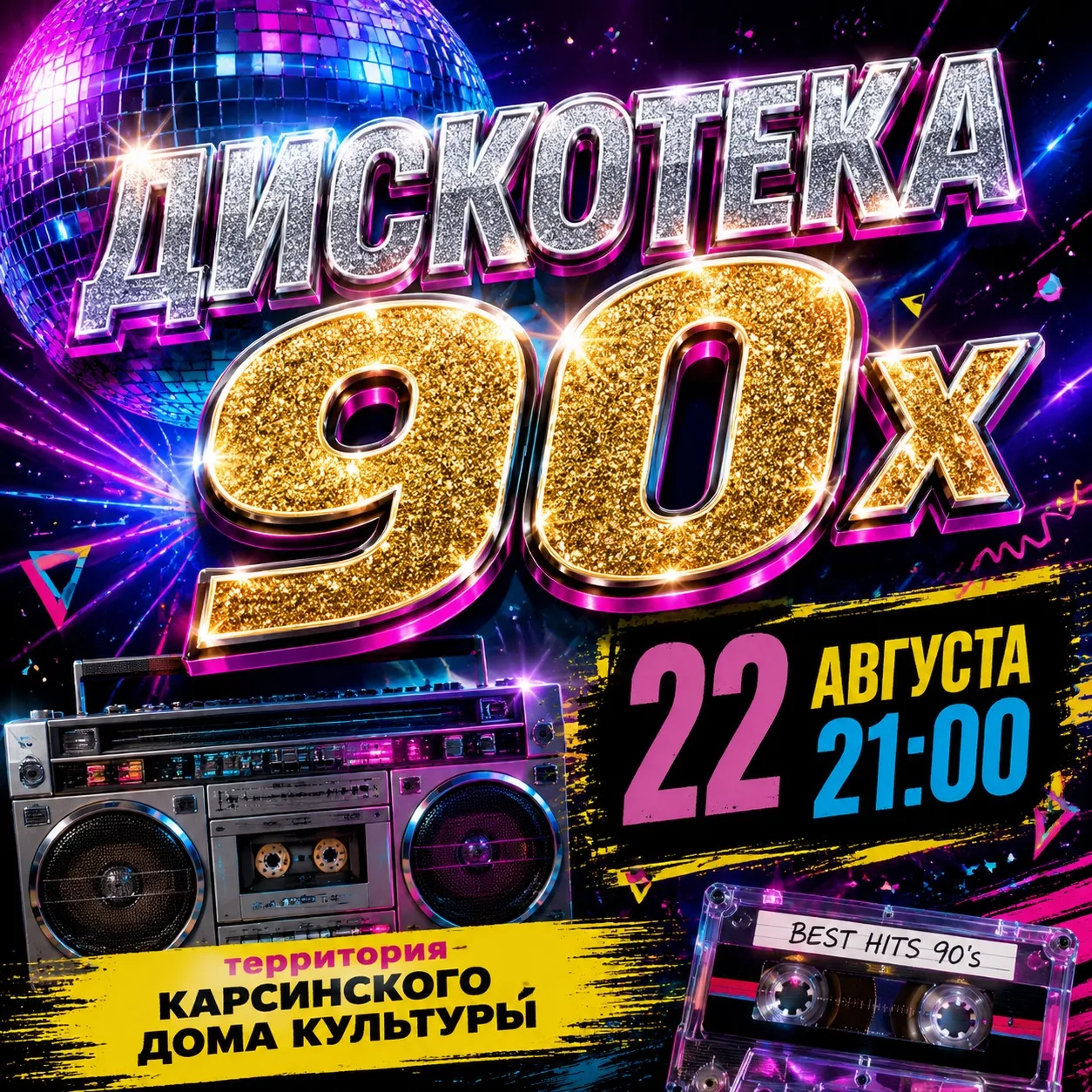 Друзья! 22 августа в 21:00 на территории Карсинского ДК — ДИСКОТЕКА 90-Х! Хиты, конкурс...