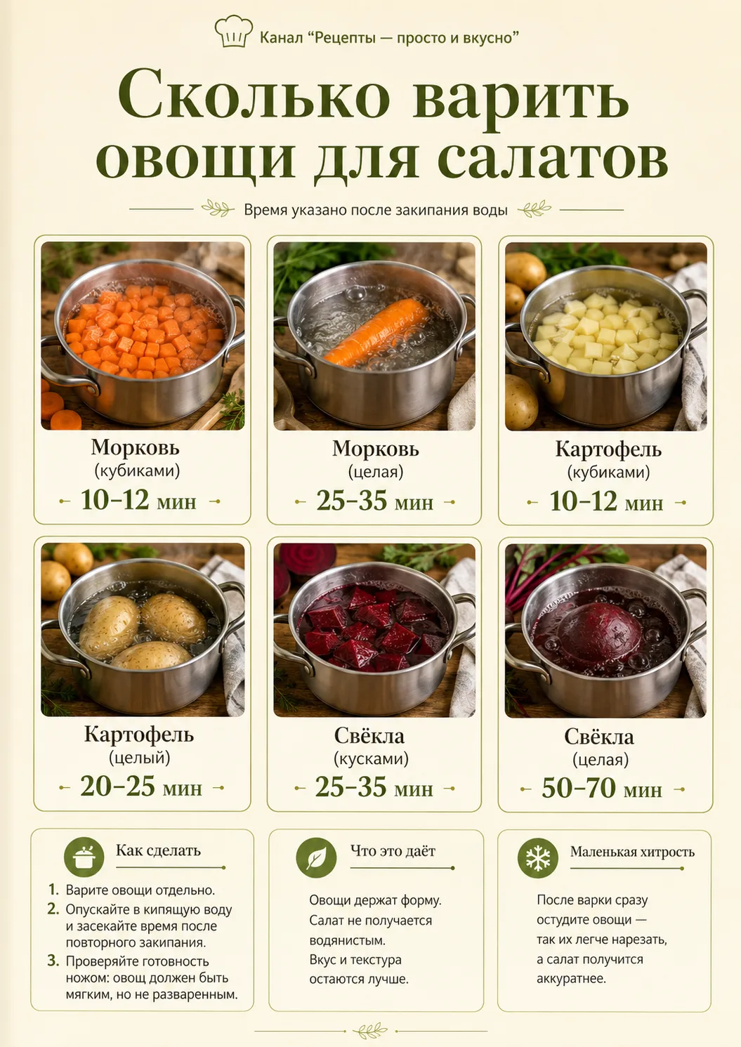🥕🥔 Сколько варить овощи для салатов? Полезная шпаргалка 🥗

Чтобы овощи не превратились в кашу, хо