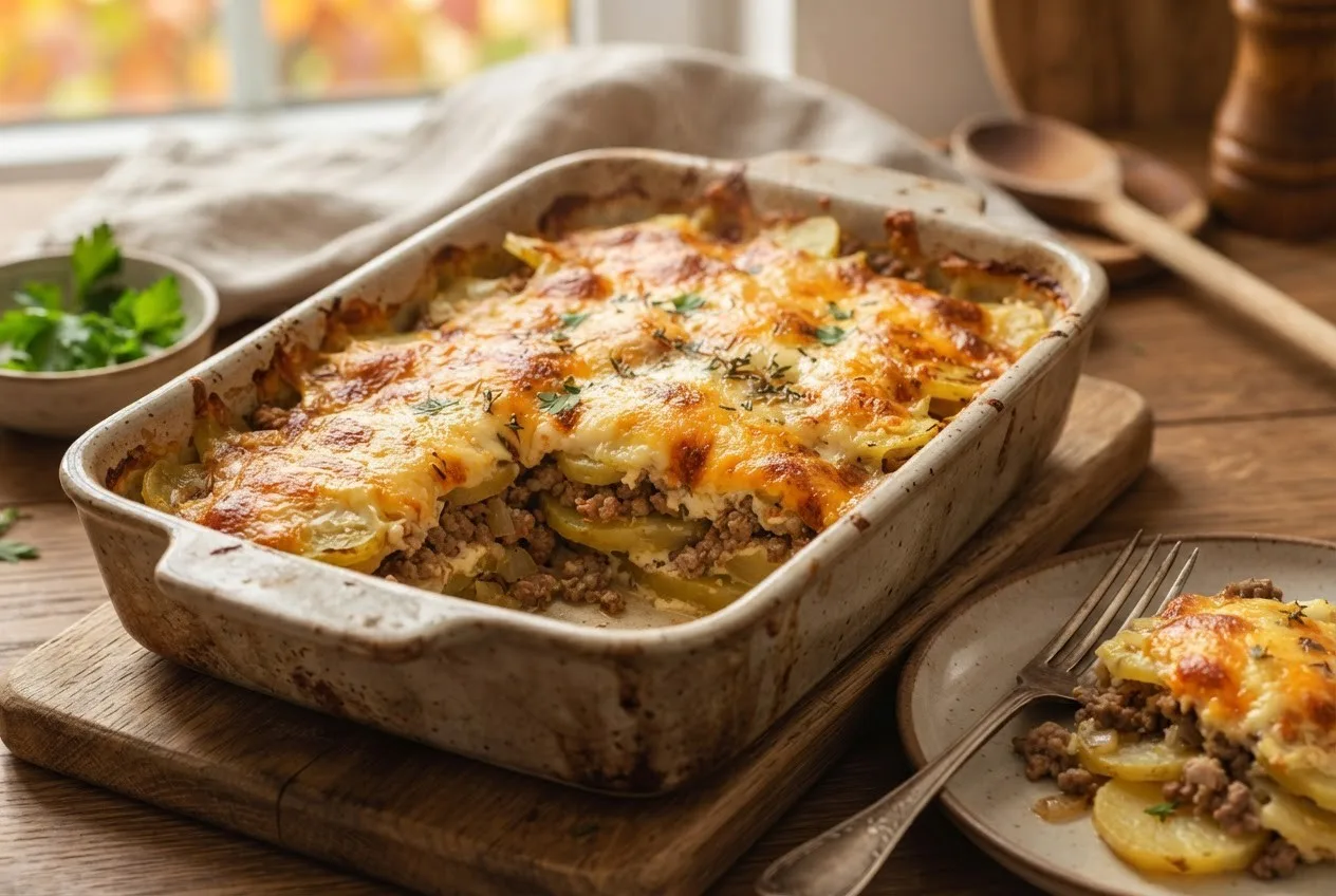 Запеканка из картофеля с мясным фаршем и сыром — простое и вкусное блюдо для осеннего у...