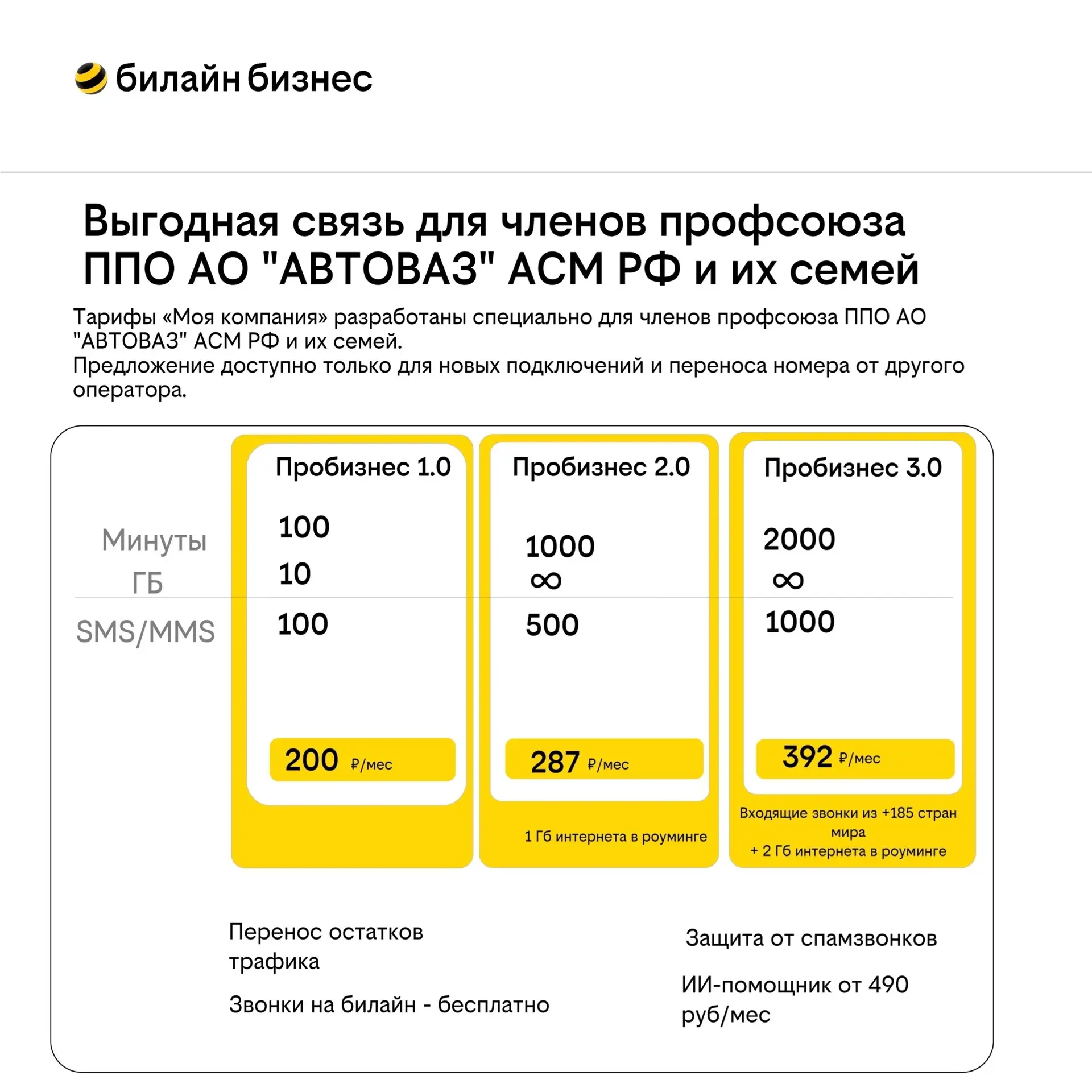 📶 Для членов профсоюза АСМ и их семей операторы сотовой связи предлагают эксклюзивные тарифы с безли