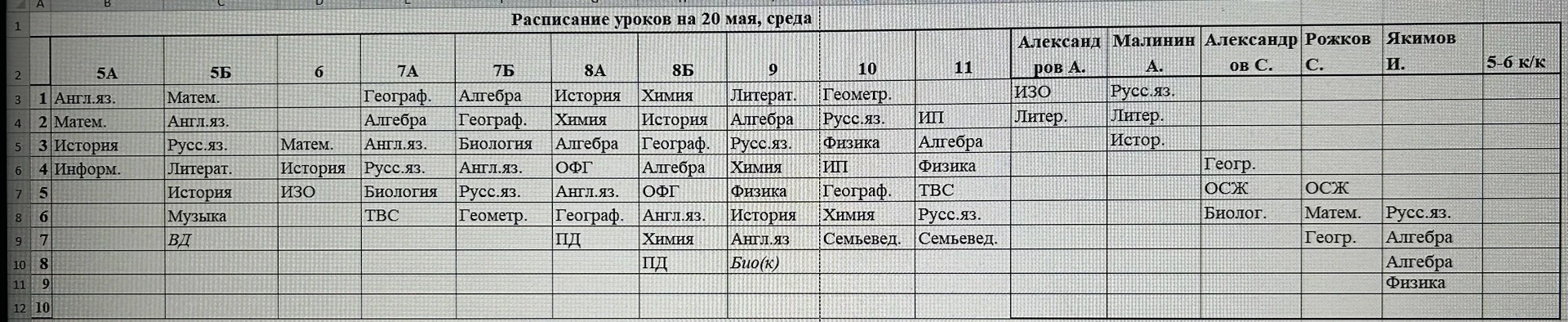 Изменения в расписании уроков на 20 мая, среда