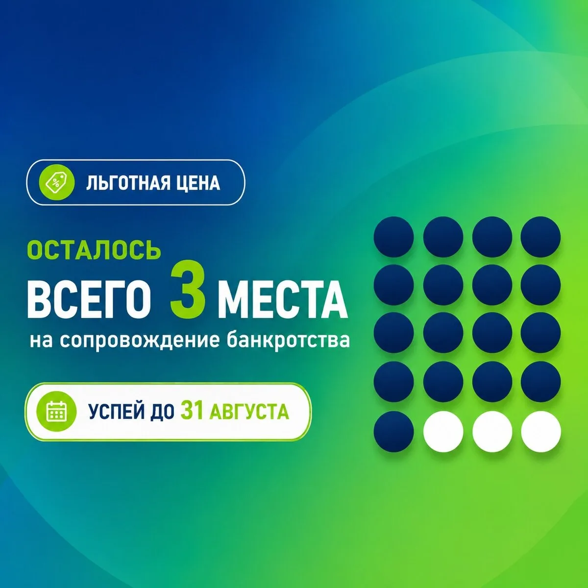 Осталось всего 3 места по льготной цене. Только до 31.08