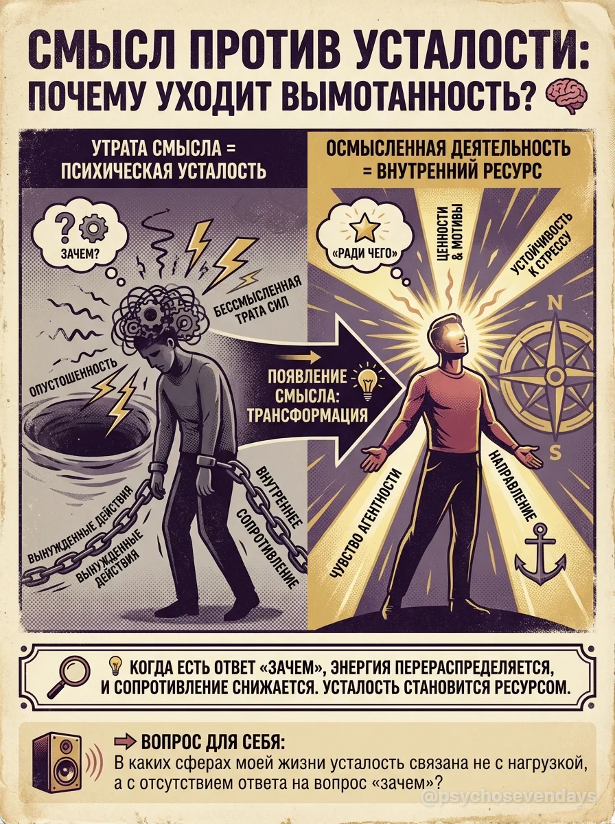 Почему усталость уходит, когда появляется смысл 🧠

Усталость не всегда равна физическому истощению.