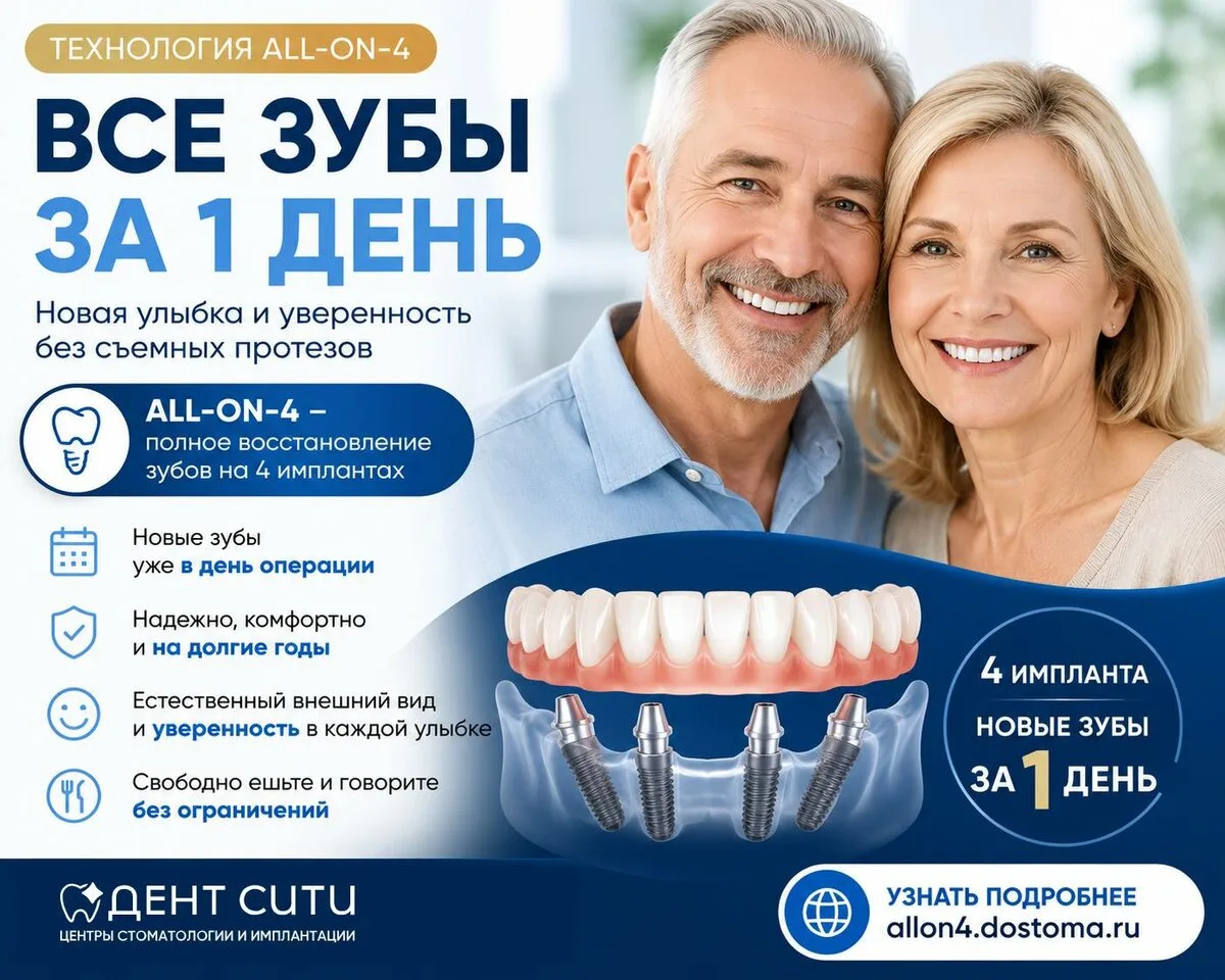 Зубы за 1 день! системы ALL-ON-4 От 89000 р. в рассрочку