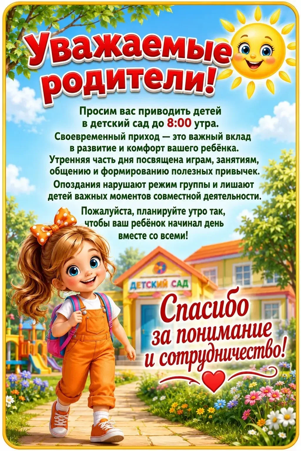 «Уважаемые родители! Часто слышим вопрос: почему так важно приводить ребёнка к 8 утра?»
Дело не в пр