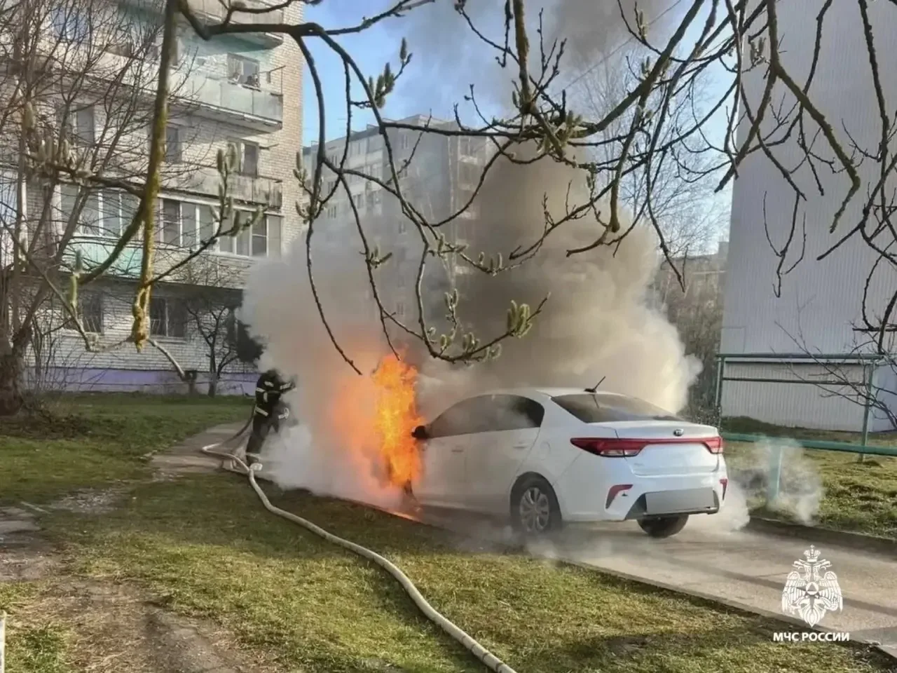 Горел автомобиль Kia Rio. Сегодня утром в посёлке Химинститута в Твери произошёл пожар.