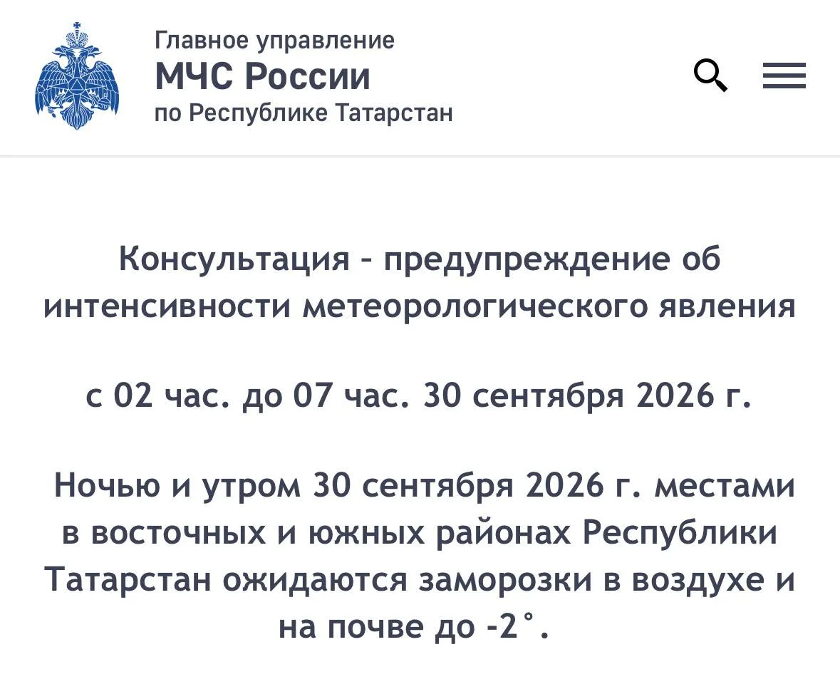 ❗️Завтра в Татарстане ожидаются заморозки до -2 градусов, предупреждает МЧС