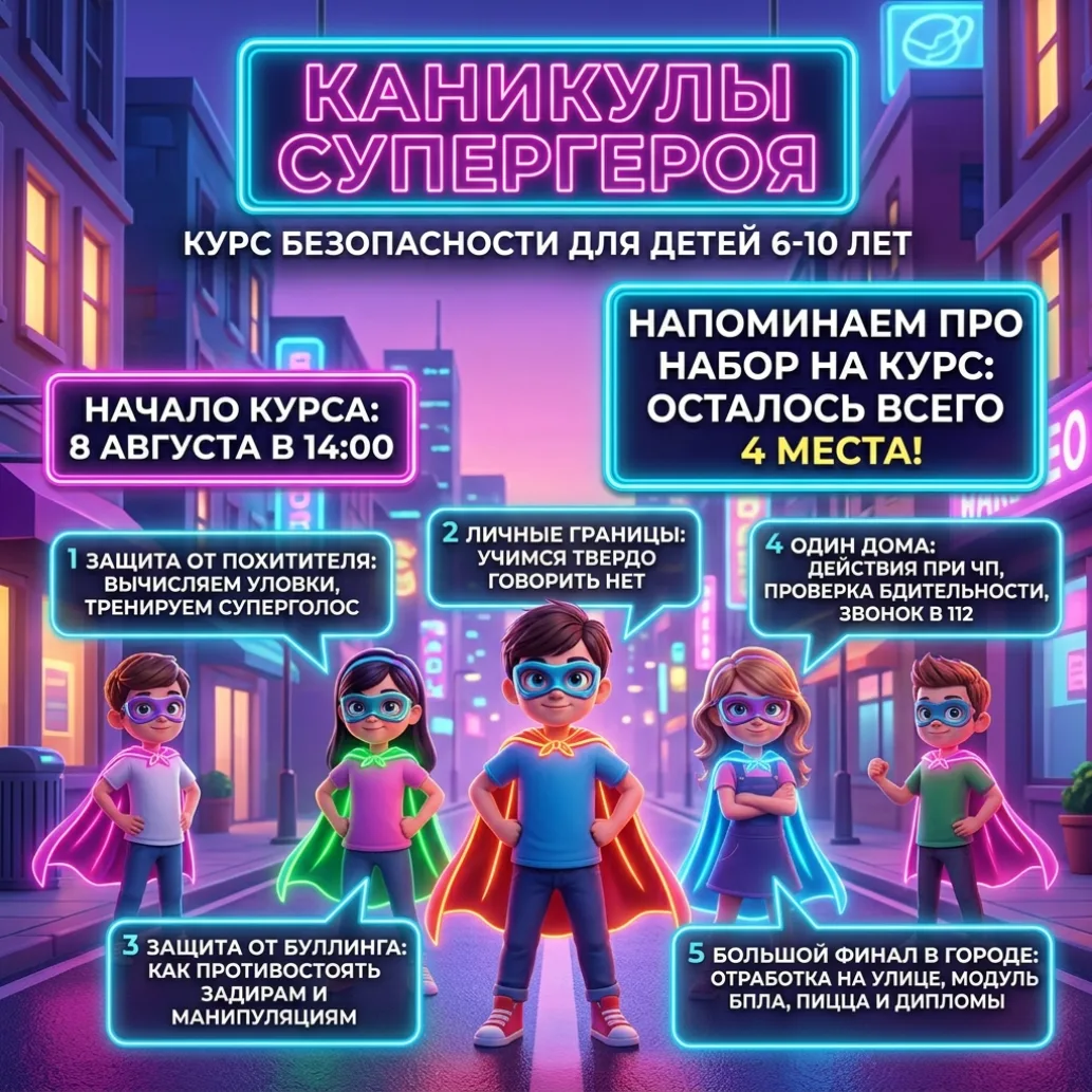 Напоминаем, что на наш летний курс безопасности «Каникулы Супергероя» для детей 6–10 лет осталось вс