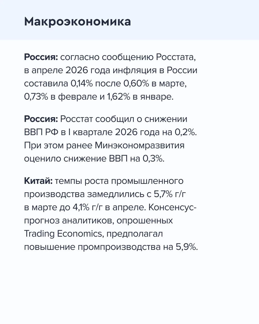 ➡️ Что происходит на рынке Сегодня, 18 мая  🔹 По данным Росстата, в апреле 2026 года инфляция в Росс