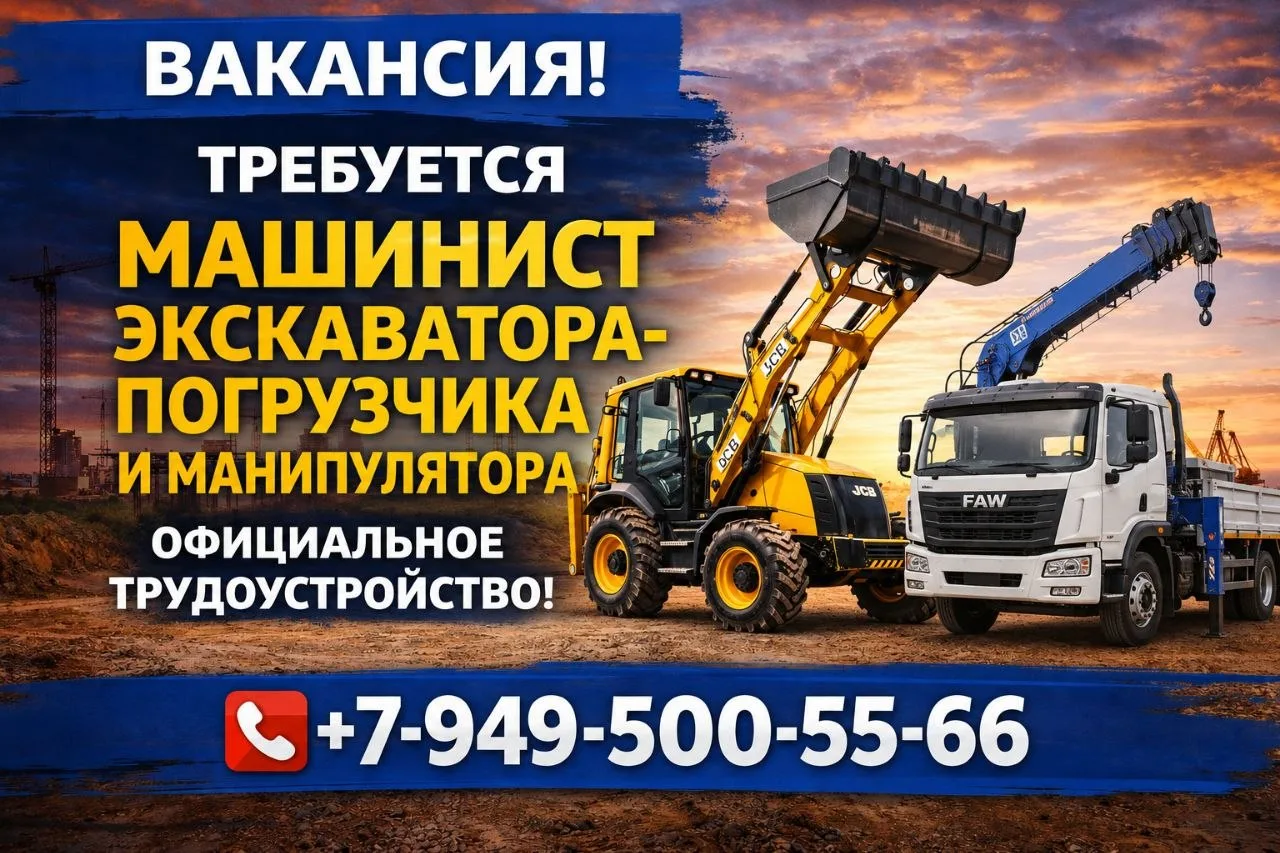 ✅ Требуется Машинист экскаватора JCB 4CX/5CX/LGCE B877F и Машинист манипулятора FAW 325...