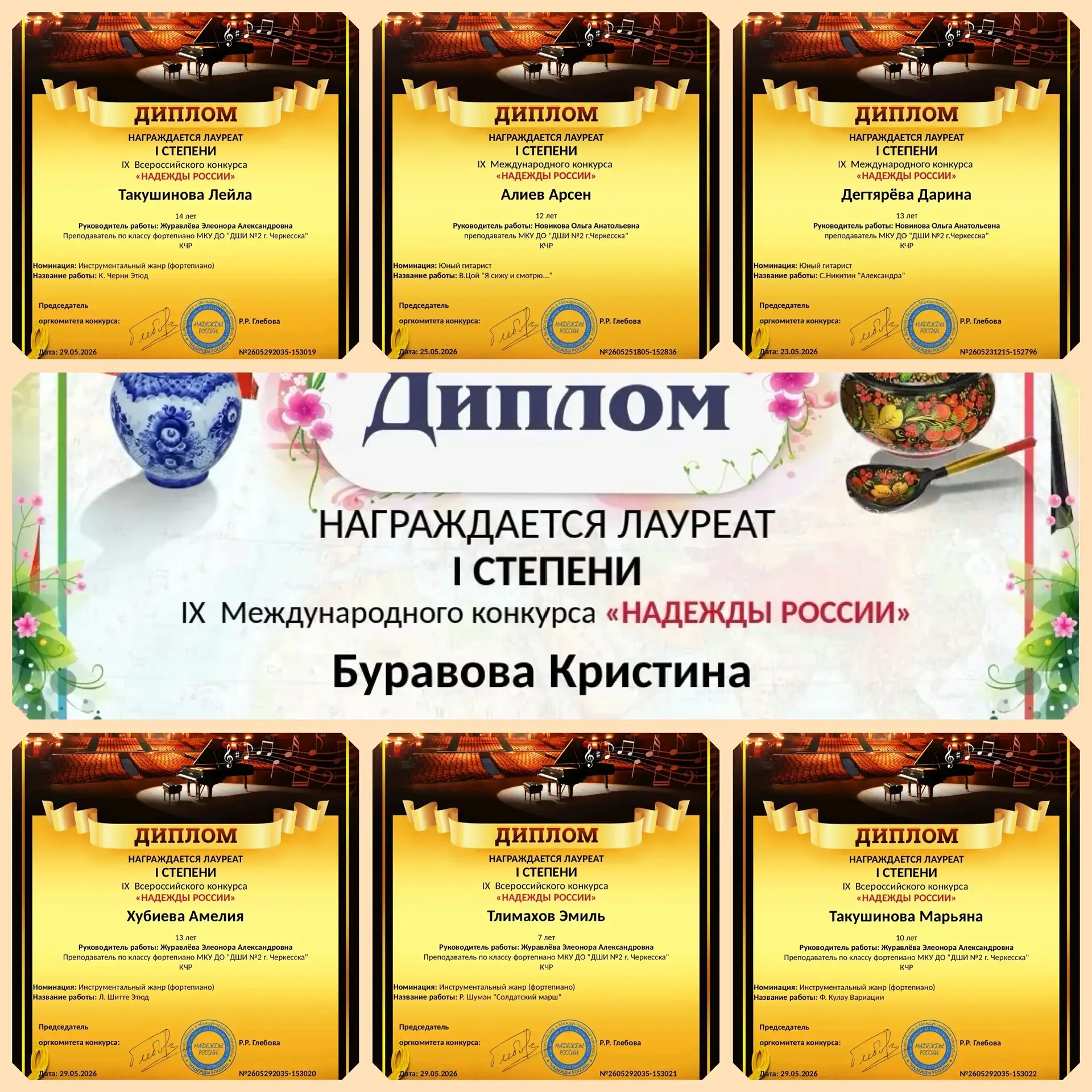 Поздравляем лауреатов 1 степени  IX Всероссийский конкурс "Надежды России" учащихся преподавателя Жу