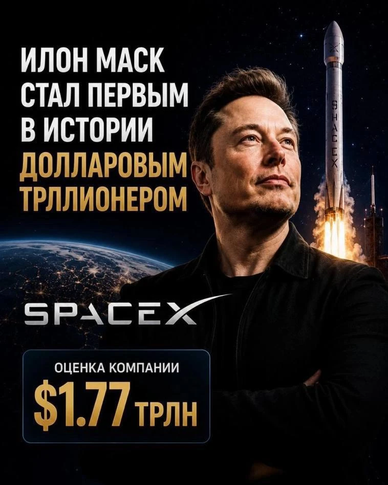 Илон Маск стал первым триллионером в истории

Доля Маска в SpaceX оценивается более чем в 866 млрд д