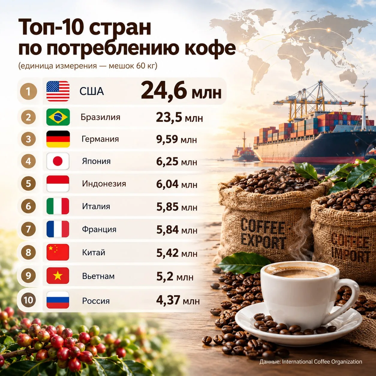 Китайцы стали больше пить кофе - потребление этого напитка в стране выросло на 13,8% за...