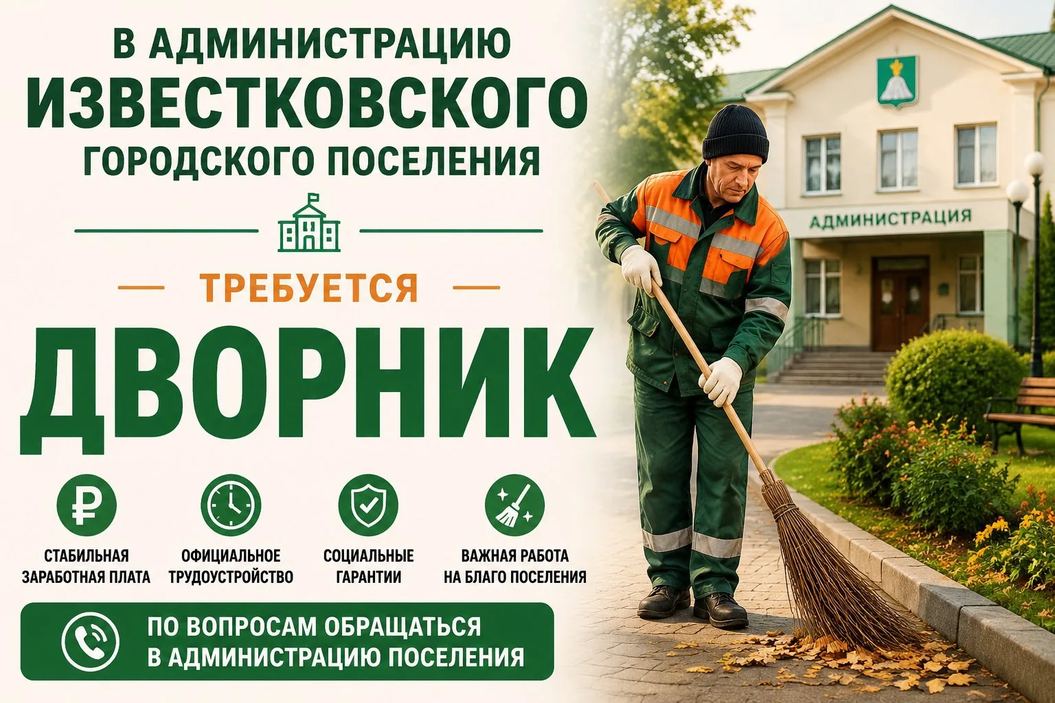 В администрацию Известковского городского поселения требуется дворник. 
Справки по телефону ☎️ : 8-4