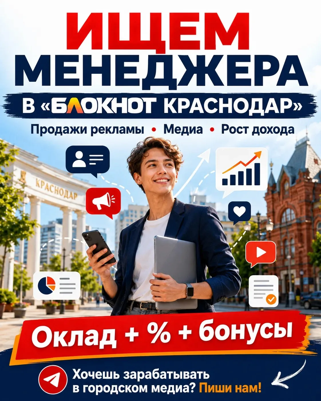 Что нужно делать:
— общаться с предпринимателями и компаниями Краснодара;
— предлагать рекламные раз