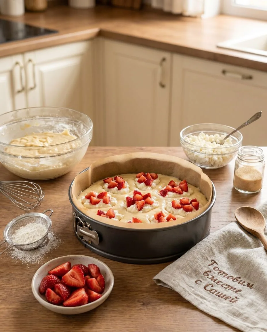 Ленивый творожно-клубничный пирог «РОЗОВЫЕ ОБЛАКА НА КЕФИРЕ» 🍓🍰

Ингредиенты (на форму 20–22 см):
