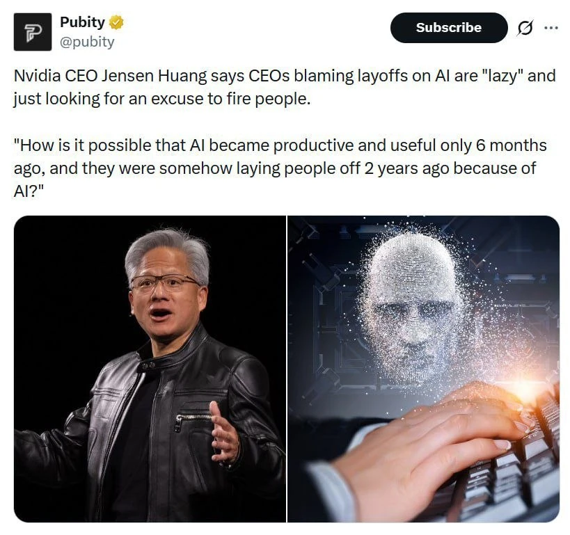 Глава Nvidia Дженсен Хуанг раскритиковал руководителей компаний, которые объясняют массовые увольнен