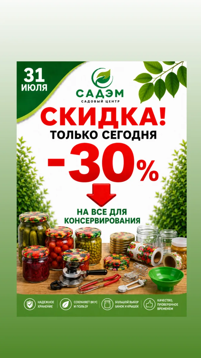 🥒 Только 31 июля скидка 30% на всё для консервирования!

Сезон заготовок в самом разгаре! Банки, 