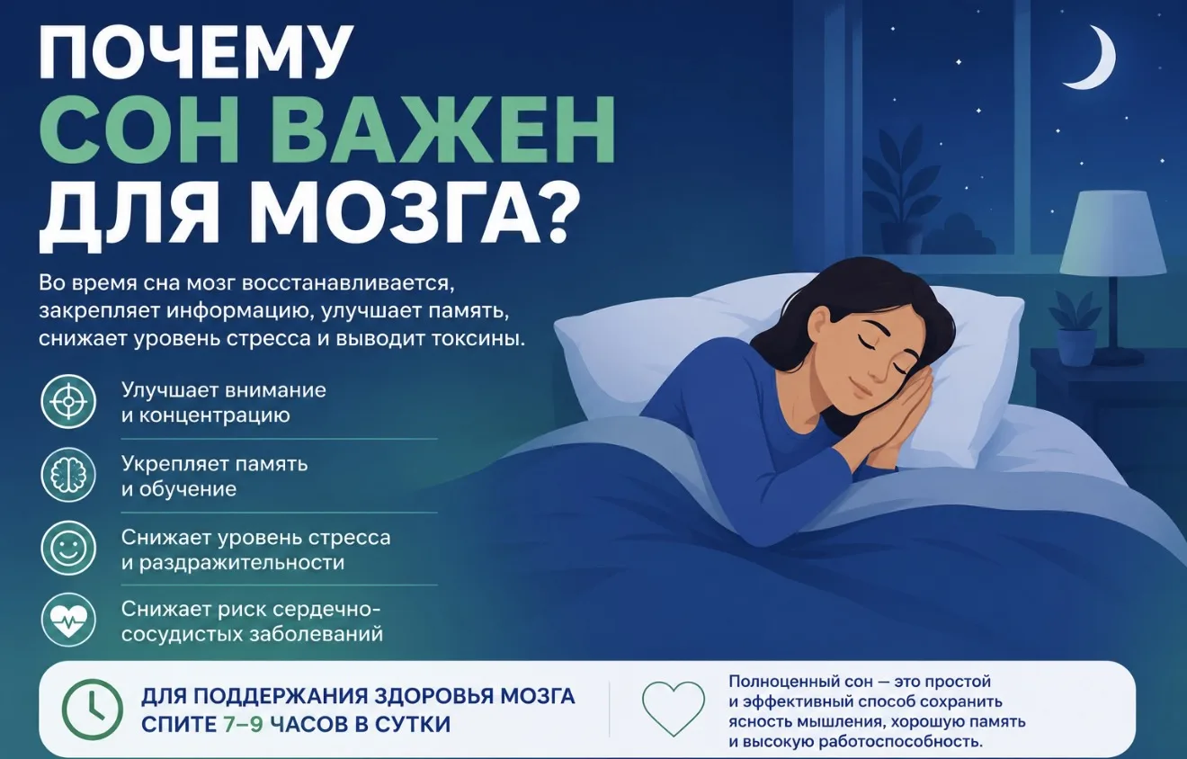 😴 Почему сон важен для мозга?

Во время сна головной мозг не отдыхает — он восстанавливается. Именн
