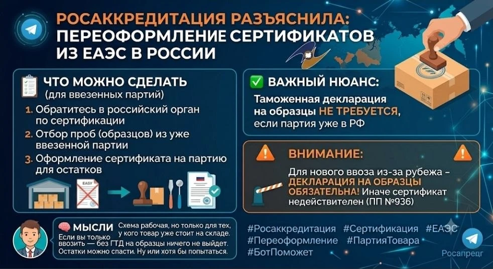🔖 РОСАККРЕДИТАЦИЯ РАЗЪЯСНИЛА: ПЕРЕОФОРМЛЕНИЕ СЕРТИФИКАТОВ ИЗ ЕАЭС В РОССИИ

Коллеги, Росаккредитаци