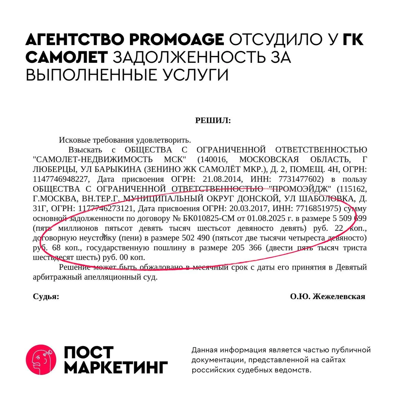 🤓Застройщик Самолет проиграл первый суд в череде исков по неисполнению условий оплаты от рекламных-