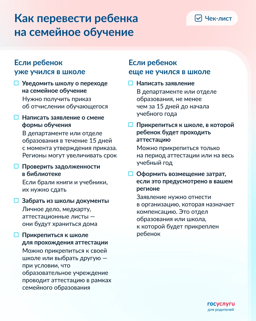 📚  Чек-лист для перевода школьника на семейное обучение