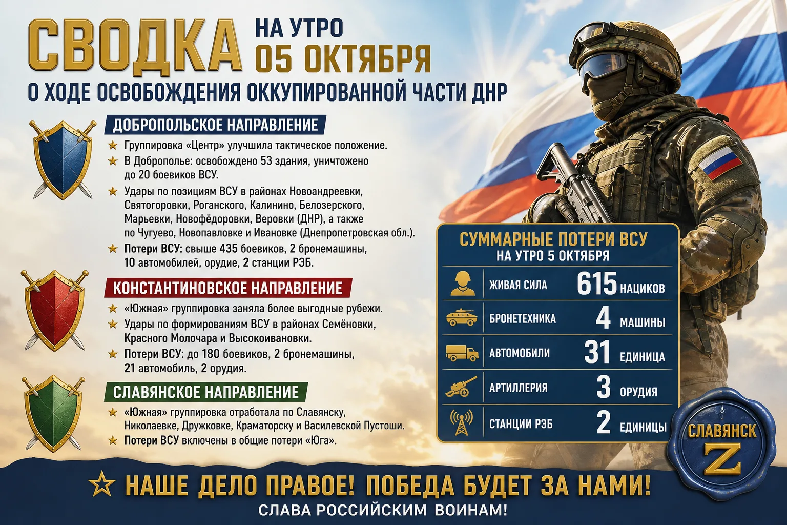 💪 #Сводка о ходе освобождения оккупированной части ДНР на утро 05 октября