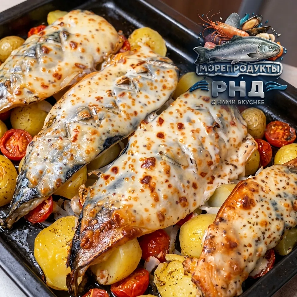Нежное филе скумбрии 🐟, запеченное с ароматным картофелем 🥔, сочными помидорами черри...