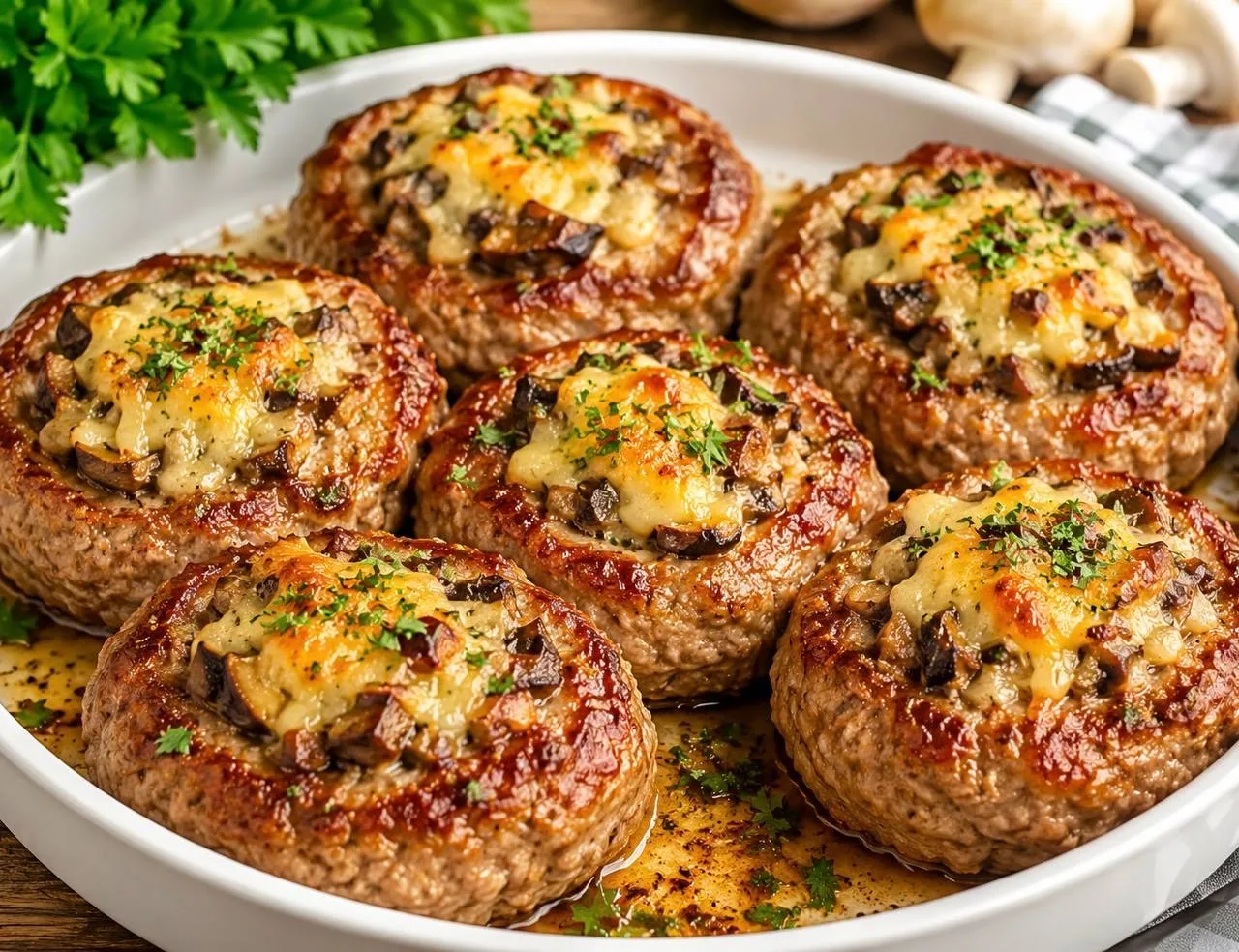 Гнёзда из фарша, фаршированные грибами и сыром.

Сочное мясное блюдо с аппетитной сырной корочкой — 