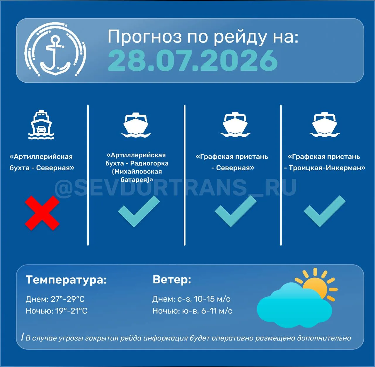 ⚓️Прогноз работы морского пассажирского транспорта на следующие сутки
