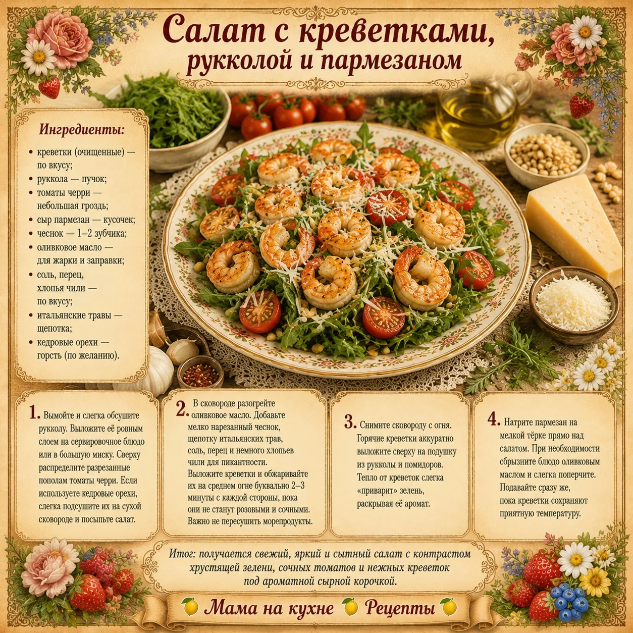 Салат с креветками, рукколой и пармезаном