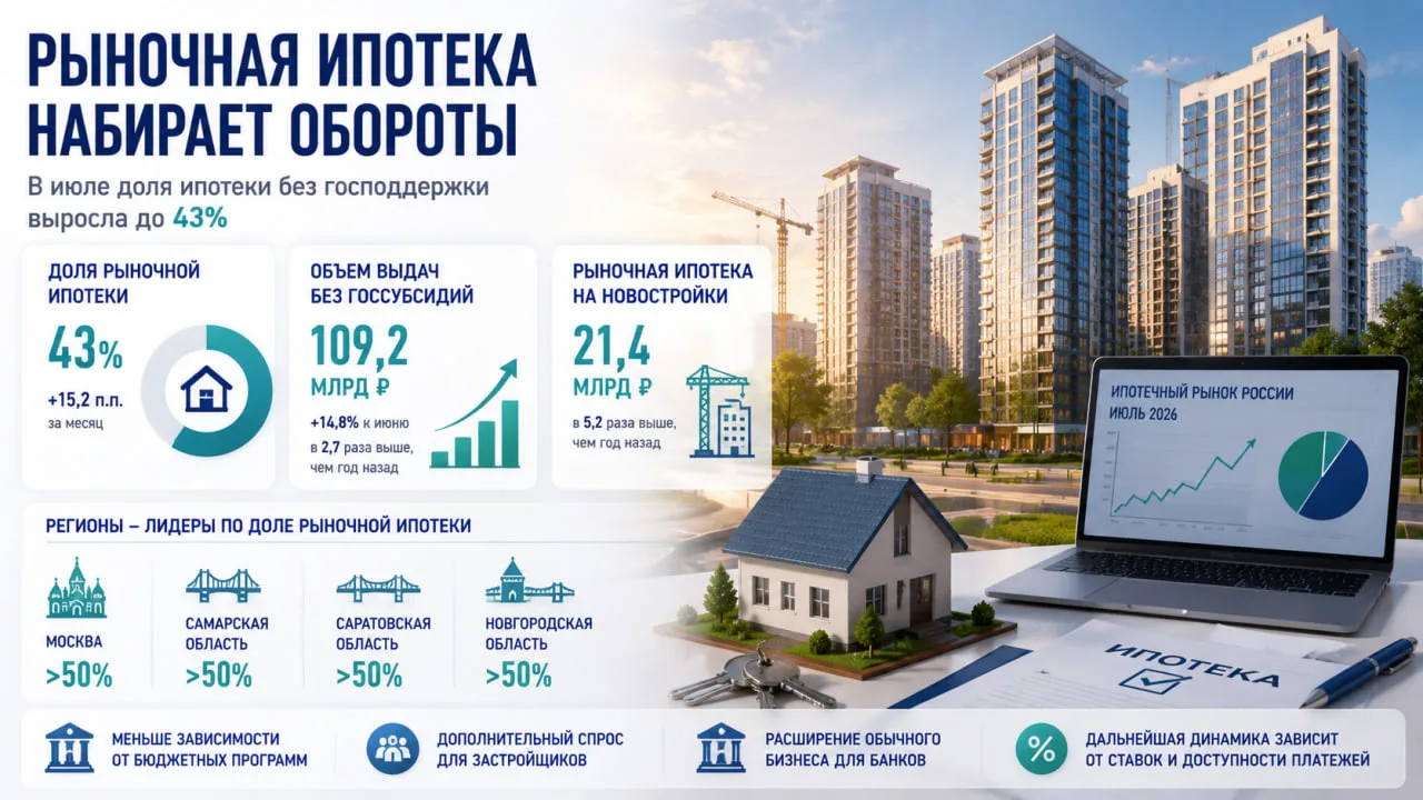 Доля обычной рыночной ипотеки в России в июле выросла до 43%, прибавив за месяц 15,2%. Объем выданны