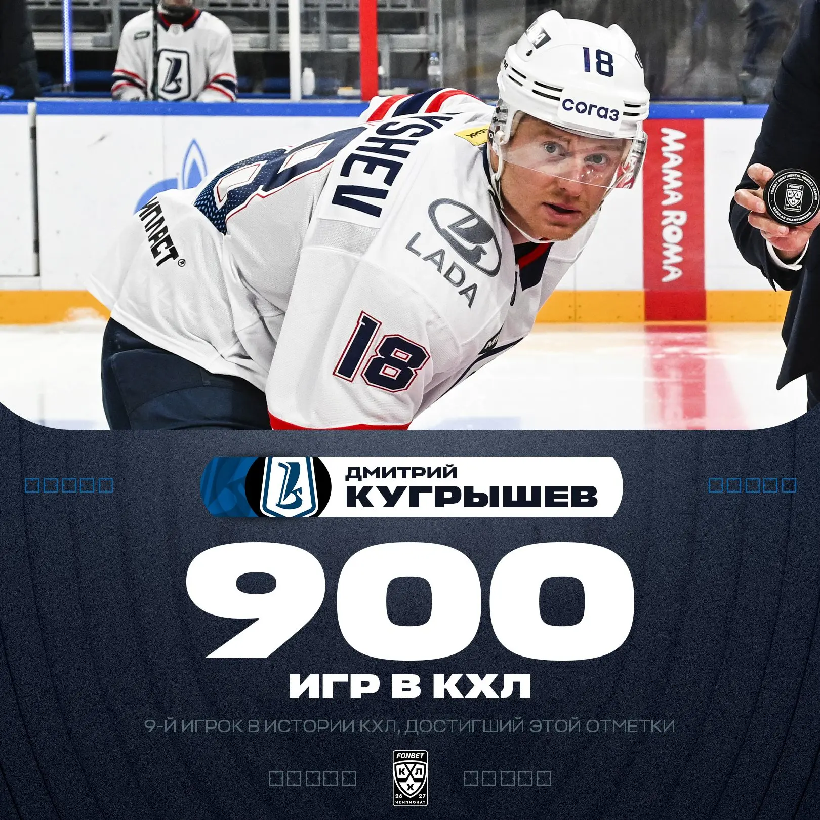 36-летний Дмитрий Кугрышев стал 9-м игроком с 900+ матчами в КХЛ!
