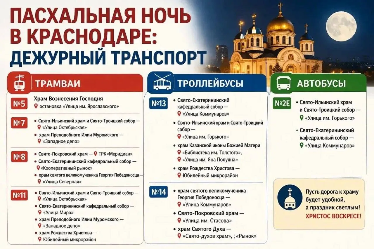 В пасхальную ночь в Краснодаре будут ходить дежурные трамваи, троллейбусы и автобусы