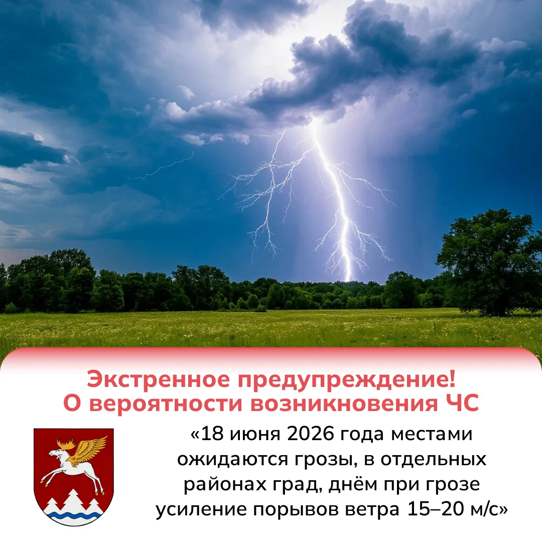 ⛈️«18 июня 2026 года местами по Республике Марий Эл ожидаются грозы, в отдельных районах град, днём 