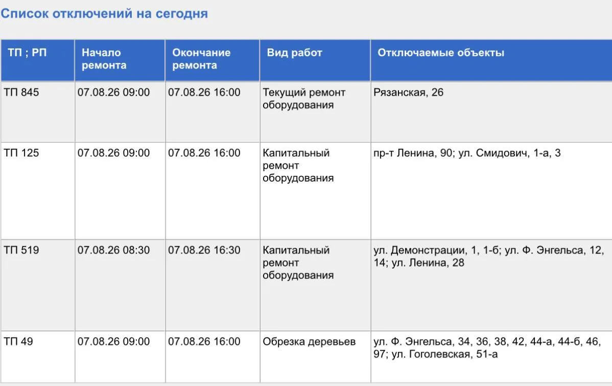 Жители некоторых улиц Тулы сегодня временно останутся без электроэнергии