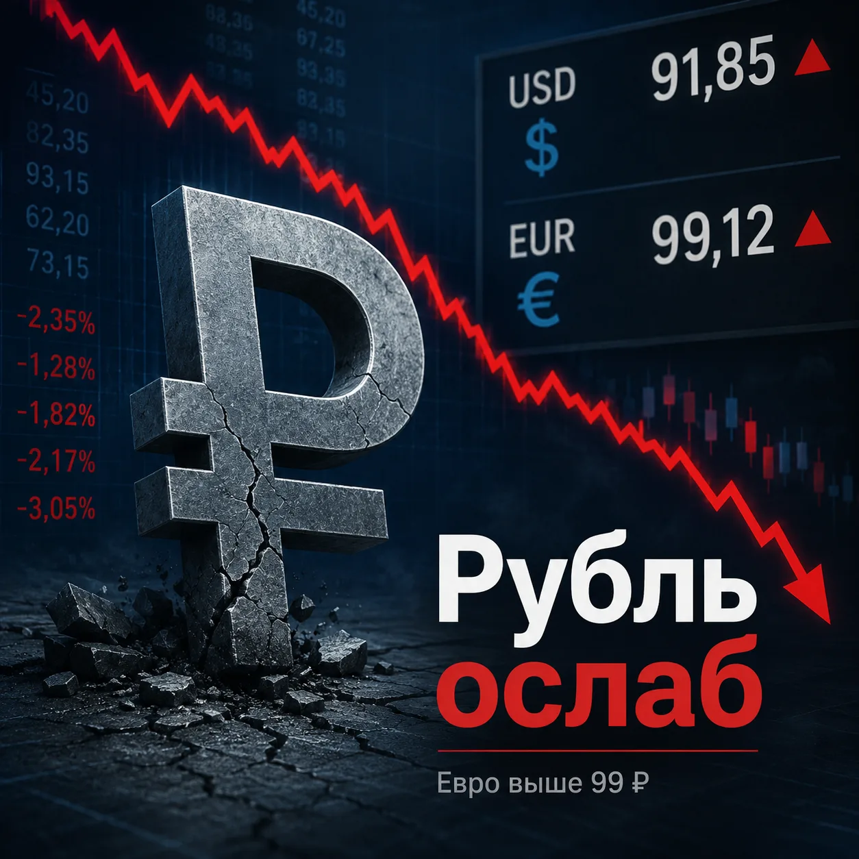 Рубль ослаб: евро впервые за пять месяцев поднялся выше 99 рублей
