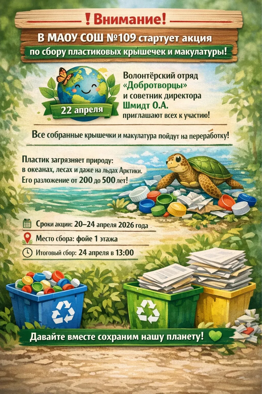 ❗Внимание!  ♻ В МАОУ СОШ №109 стартует акция по сбору пластиковых крышечек и макулатуры!  🌿 22 апрел