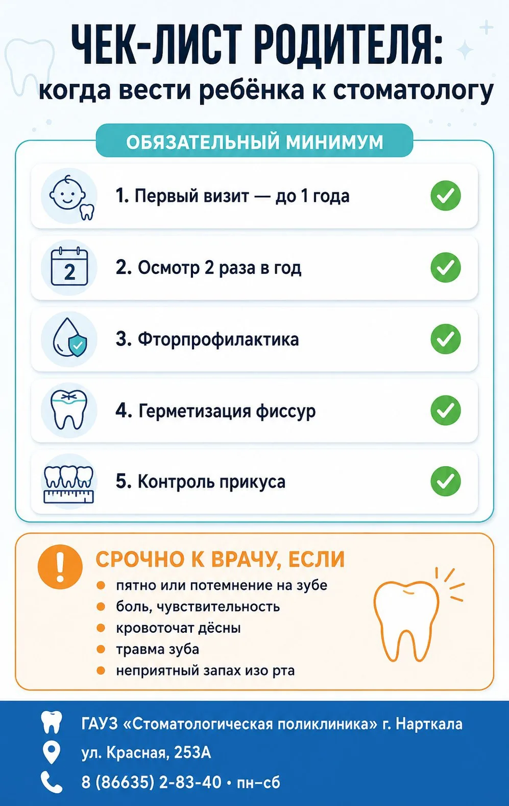 Чек-лист родителя: когда вести ребёнка к стоматологу 🦷