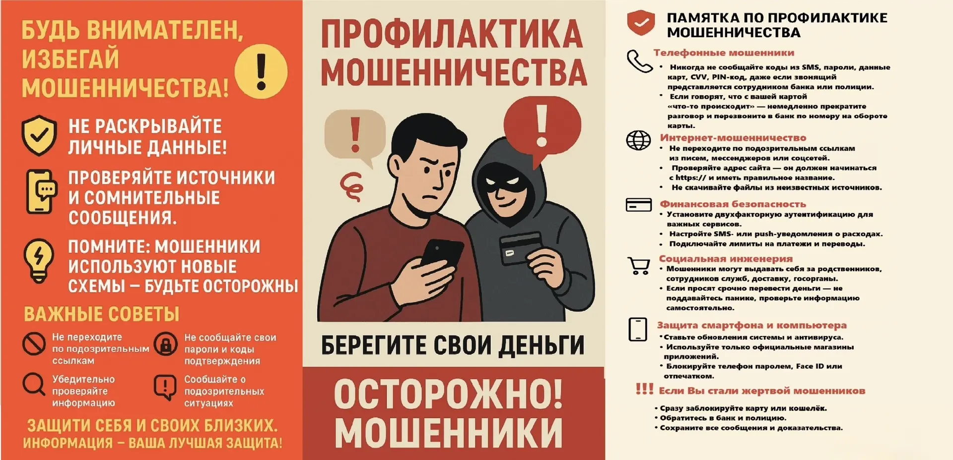 ПАМЯТКА ПО ПРОФИЛАКТИКЕ МОШЕННИЧЕСТВА‼️
ЗАЩИТИТЕ СЕБЯ И СВОИХ БЛИЗКИХ🫂
ИНФОРМАЦИЯ - ВАША ЛУЧШАЯ ЗАЩ